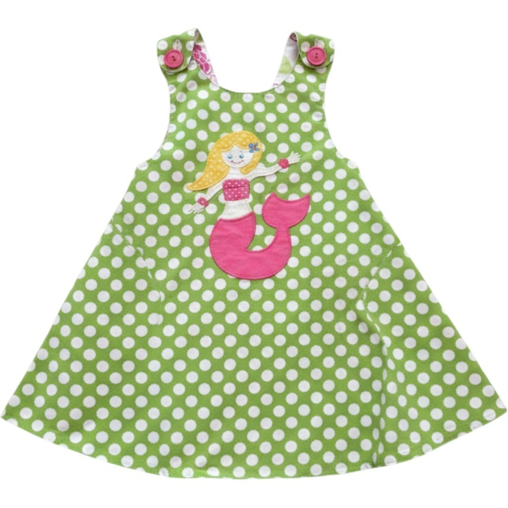 Handmade Reversible Mermaid Polka Dot Floral Pinafore Dress‎ Girls Green Pink